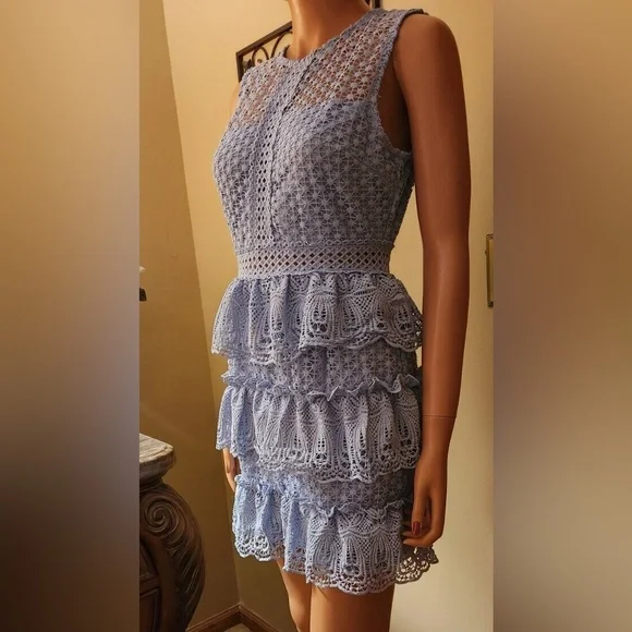 The Clothing Company Baby Blue Tiered Crochet Knit Lace Mini Dress - Picture 3 of 15